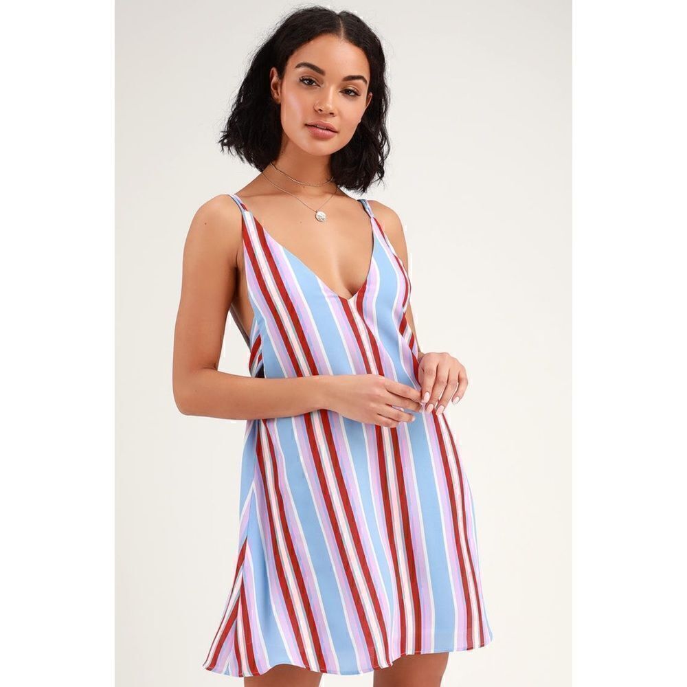 Lulus Set Sail Light Blue Multi Striped Tie-Back
Mini Dress